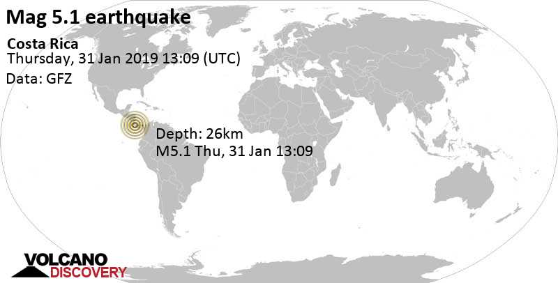 Moderates Erdbeben der Stärke 5.1 - Provincia de Puntarenas, 23 km südlich von San Isidro, Costa Rica, am Donnerstag, 31. Jan 2019 um 13:09 GMT