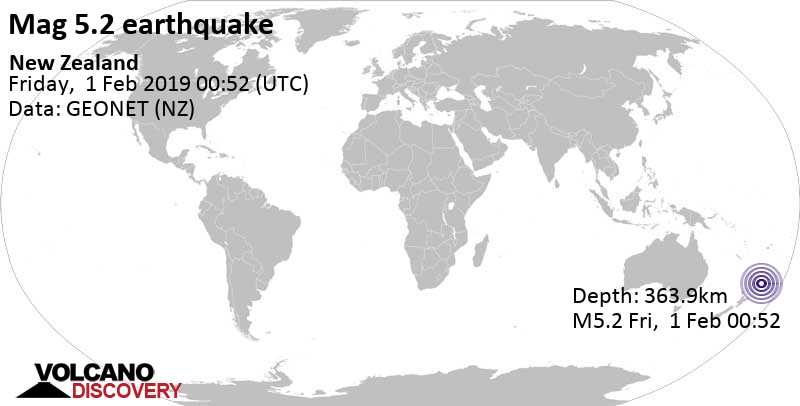 Moderate mag. 5.2 earthquake - South Pacific Ocean, 1153 km northeast of Wellington, New Zealand, on Friday, February 1, 2019 at 00:52 GMT