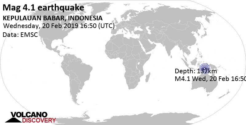 Light mag. 4.1 earthquake - Banda Sea, 456 km south of Ambon City, Maluku, Indonesia, on Wednesday, February 20, 2019 at 16:50 GMT