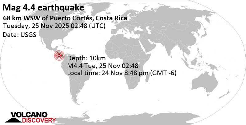 World Earthquake Report for Tuesday, 25 November 2025 20 4.4 earthquake North Pacific Ocean, Provincia de Puntarenas, 129 km south of San José, Costa Rica, November 24, 2025 08:48 PM (GMT-6)