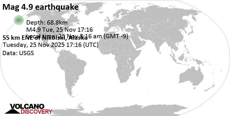 World Earthquake Report for Tuesday, 25 November 2025 7 4.9 earthquake Bering Sea, 66 miles east of Kagamil Island, Aleutian West Census Area, Alaska, United States, November 25, 2025 08:16 am (GMT -9)