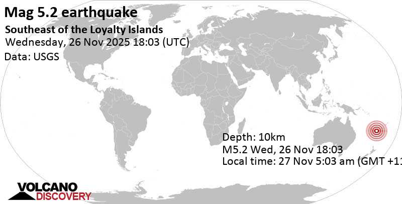 5.2 quake South Pacific Ocean, 305 km southeast of Mare Island, New Caledonia, Nov 27, 2025 05:03 am (GMT +11)