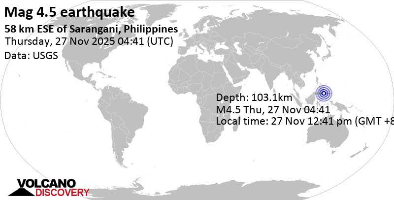 4.5 quake Philippine Sea, 59 km east of Sarangani Island, Philippines, Nov 27, 2025 12:41 pm (GMT +8)