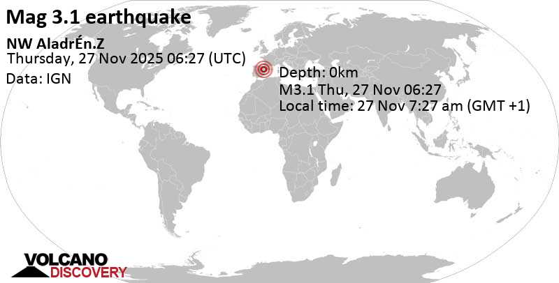 3.1 quake 51 km southwest of Zaragoza, Saragossa, Aragon, Spain, Nov 27, 2025 07:27 am (GMT +1)