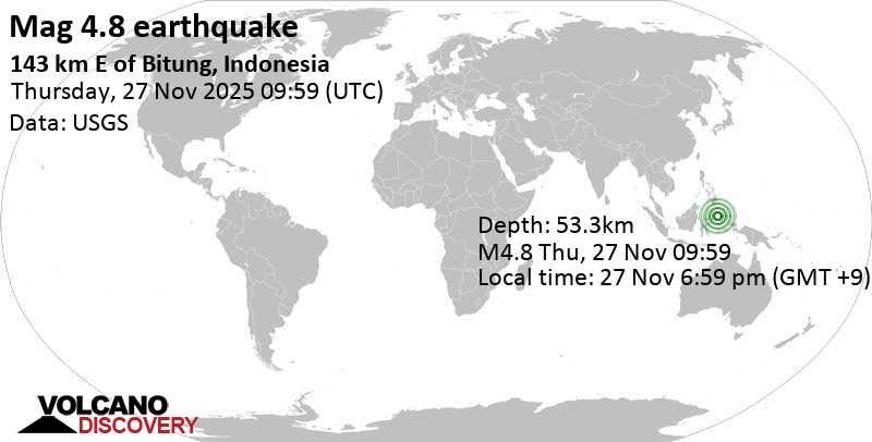 4.8 quake Maluku Sea, 36 km north of Pulau Mayu Island, North Maluku, Indonesia, Nov 27, 2025 06:59 pm (GMT +9)
