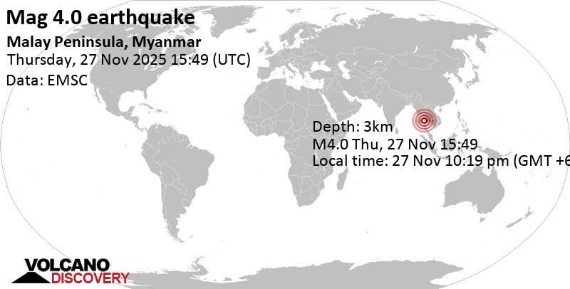 4.0 quake Andaman Sea, 52 km north of Thamihla Kyun Island, Tanintharyi Region, Myanmar, Nov 27, 2025 10:19 pm (GMT +6:30)