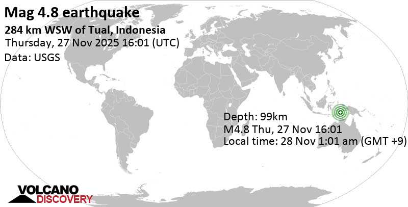 4.8 quake Banda Sea, 86 km northwest of Pulau Selu Island, Maluku, Indonesia, Nov 28, 2025 01:01 am (GMT +9)