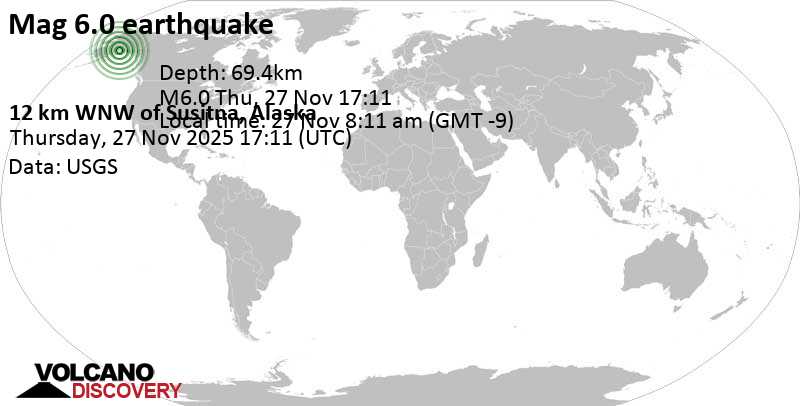 6.0 quake Matanuska-Susitna Borough, 38 mi northwest of Anchorage, Anchorage Municipality, Alaska, United States, Nov 27, 2025 08:11 am (Anchorage time)