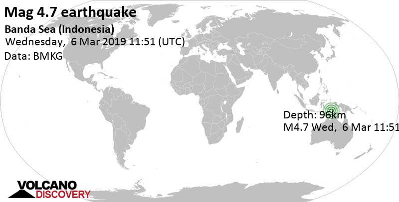 Light mag. 4.7 earthquake - Banda Sea, 436 km southwest of Tual, Maluku, Indonesia, on Wednesday, Mar 6, 2019 at 11:51 am (GMT +0)