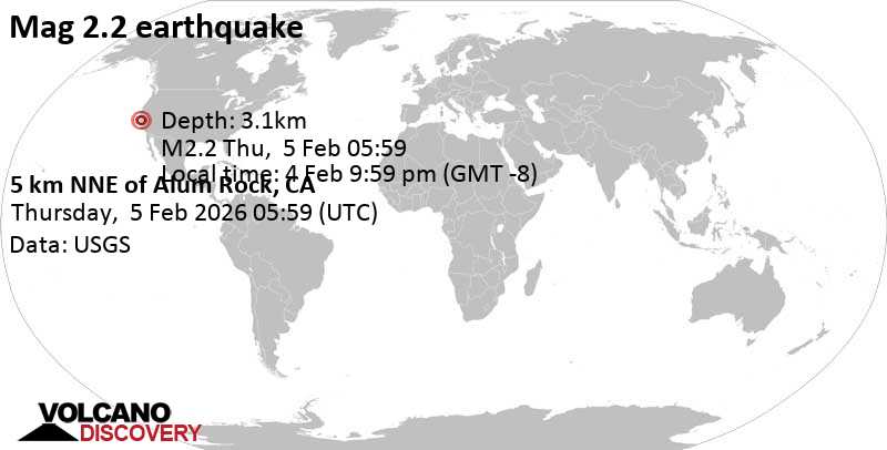 Mag. 2.2 quake - 5 km NNE of Alum Rock, CA, on Wednesday, Feb 4, 2026, at 09:59 pm (GMT -8)