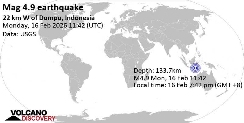 Séisme de magnitude 4,9 à 23 km à l'ouest de Dompu, régence de Dompu, Nusa Tenggara Ouest, Indonésie, 16 février 2026 19h42 (heure de Makassar)