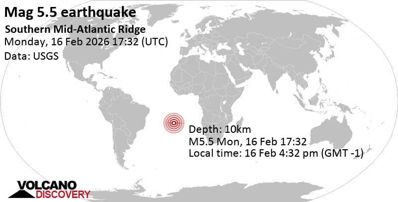 Séisme de magnitude 5,5 Dorsale médio-atlantique sud, 16 février 2026 16:32 (GMT -1)