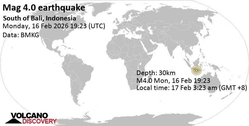 Séisme de magnitude 4,0 Océan Indien, 106 km au sud-ouest de Denpasar, Indonésie, 17 février 2026 03h23 (GMT +8)