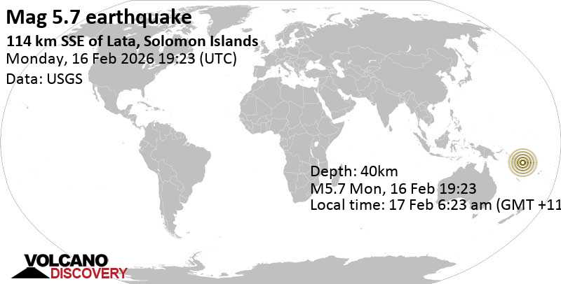 Séisme de magnitude 5,7 Mer de Corail, 40 km au sud-ouest de l'île d'Utupua, Îles Salomon, 17 février 2026 06h23 (GMT +11)