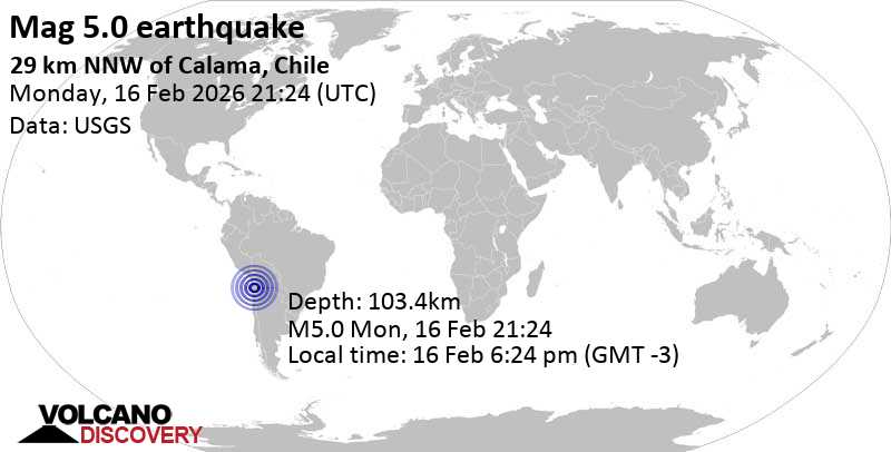 Séisme de magnitude 5,0 à 30 km au nord-ouest de Calama, Provincia de El Loa, Région d'Antofagasta, Chili, 16 février 2026 18:24 (heure de Santiago)
