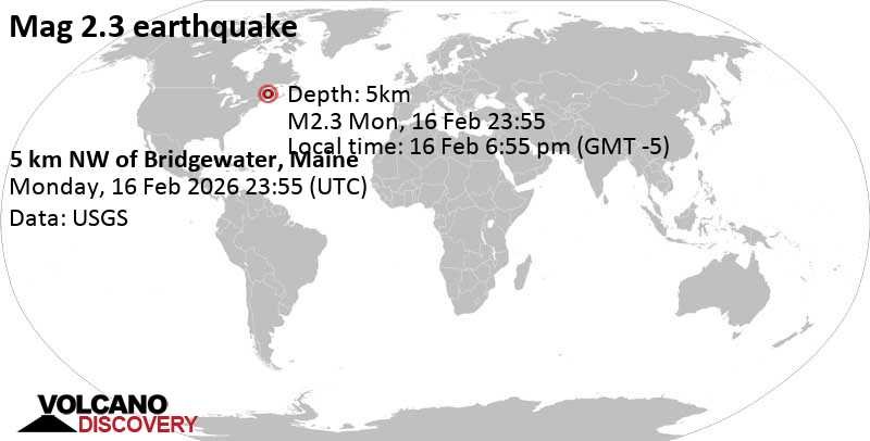 Séisme de magnitude 2,3 26 km au sud de Presque Isle, Comté d'Aroostook, Maine, États-Unis, 16 février 2026 18:55 (GMT -5)