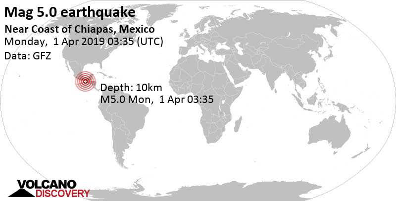 Сильное землетрясение магнитудой 5.0 - North Pacific Ocean, 41 km к юго-западу от Pijijiapan, Мексика, Понедельник, 01 апреля 2019 03:35
