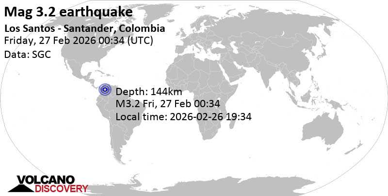 3.3 quake 39 km south of Bucaramanga, Departamento de Santander, Colombia, Feb 26, 2026 07:34 pm (GMT -5)