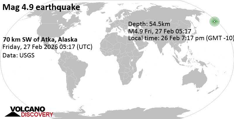 4.9 quake Bering Sea, 44 mi southwest of Atka, Aleutians West Census Area, Alaska, United States, Feb 26, 2026 07:17 pm (GMT -10)