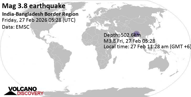 3.8 quake 14 km west of Kushtia, Khulna Division, Bangladesh, Feb 27, 2026 11:28 am (GMT +6)