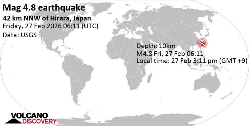 4.8 quake East China Sea, 45 km northwest of Miyakojima, Okinawa, Japan, Feb 27, 2026 03:11 pm (GMT +9)