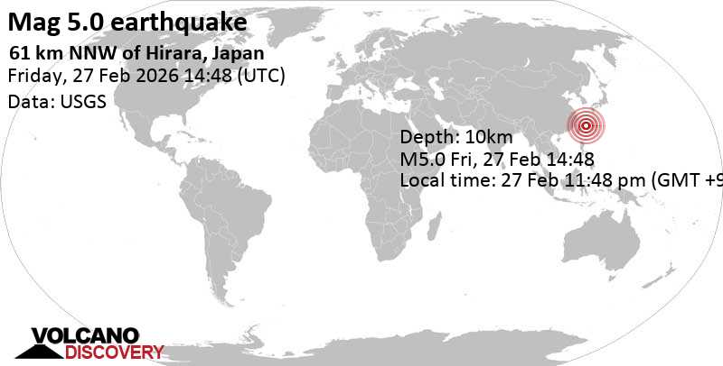 5.0 quake East China Sea, 64 km northwest of Miyakojima, Okinawa, Japan, Feb 27, 2026 11:48 pm (GMT +9)