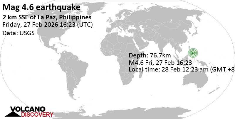 4.6 quake 83 km north of Bislig, Province of Surigao del Sur, Caraga, Philippines, Feb 28, 2026 12:23 am (Manila time)