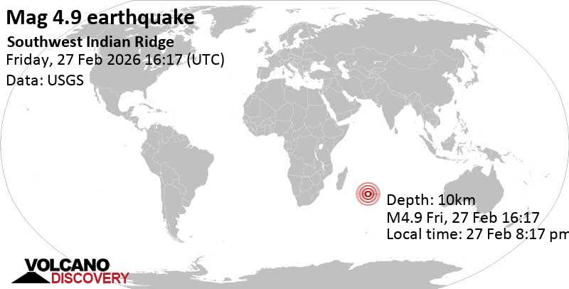 4.9 quake Southwest Indian Ridge Feb 27, 2026 08:17 pm (GMT +4)