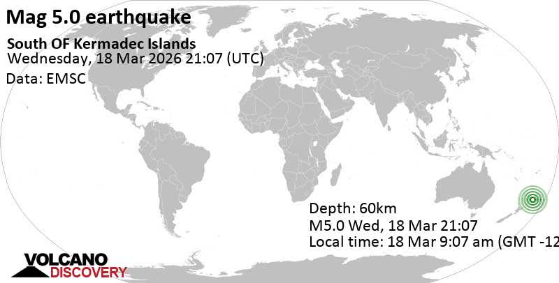 5.0 quake South OF Kermadec Islands Mar 18, 2026 09:07 am (GMT -12)