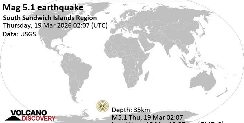 5.1 quake South Atlantic Ocean, 46 km southeast of Bristol Island, South Georgia and the South Sandwich Islands, Mar 19, 2026 12:07 am (GMT -2)