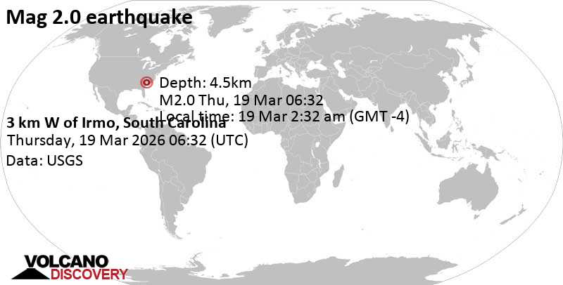 2.0 quake Lexington County, 12 mi northwest of Columbia, Richland County, South Carolina, United States, Mar 19, 2026 02:32 am (GMT -4)