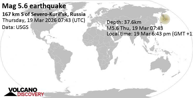 5.6 quake North Pacific Ocean, 101 km east of Ostrov Onekotan Island, Sakhalin Oblast, Russia, Mar 19, 2026 06:43 pm (GMT +11)