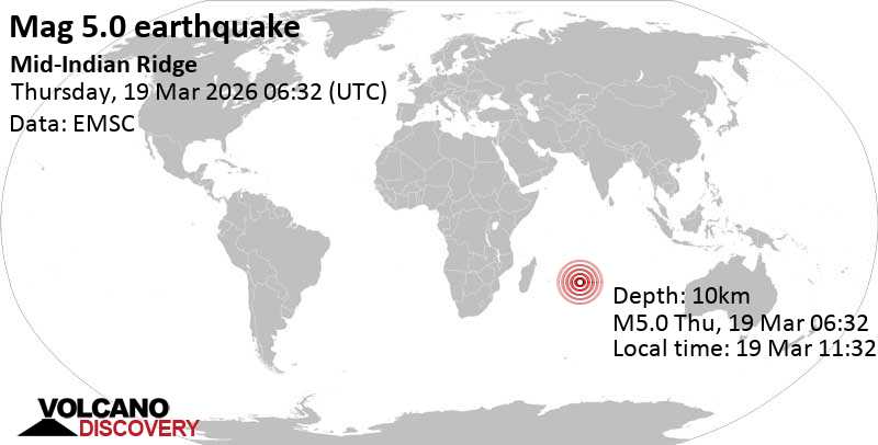 5.0 quake Indian Ocean, Mauritius, Mar 19, 2026 11:32 am (GMT +5)