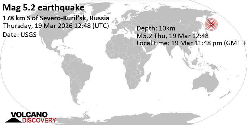 5.2 quake North Pacific Ocean, 116 km east of Ostrov Onekotan Island, Sakhalin Oblast, Russia, Mar 19, 2026 11:48 pm (GMT +11)