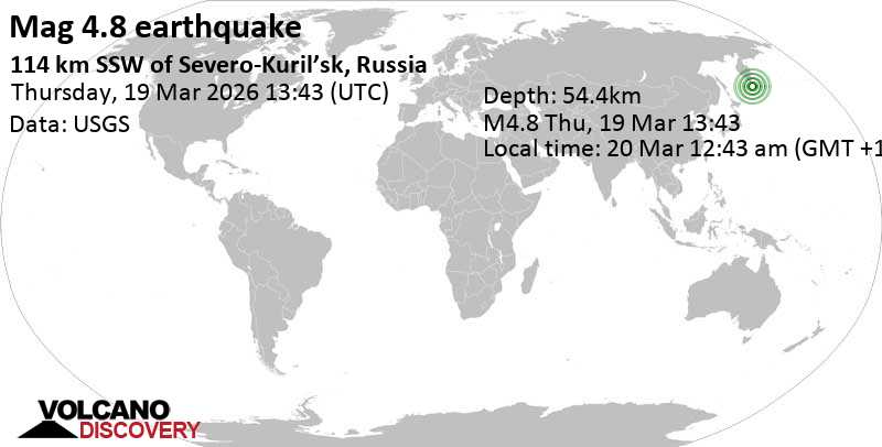 4.8 quake North Pacific Ocean, 75 km east of Ostrov Onekotan Island, Sakhalin Oblast, Russia, Mar 20, 2026 12:43 am (GMT +11)