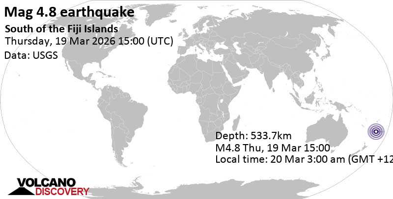4.8 quake South of the Fiji Islands Mar 20, 2026 03:00 am (GMT +12)