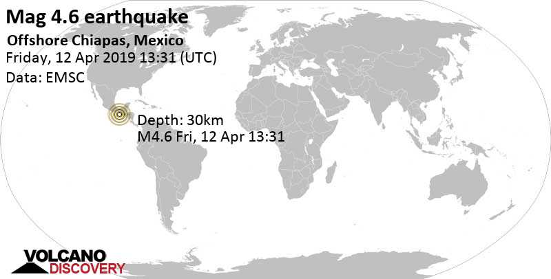 Strong mag. 5.0 earthquake - North Pacific Ocean, 87 km southwest of San José el Hueyate (Barra de San José), Mexico, on Friday, April 12, 2019 at 13:31 GMT