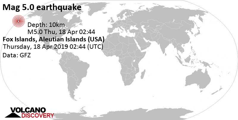 Tremblement de terre fort magnitude 5.0 - Océan Pacifique Nord, 45 km au sud de Nikolski, Zone de recensement d\'Aleutians West, Alaska, États-Unis, jeudi, le 18 avril 2019 02:44