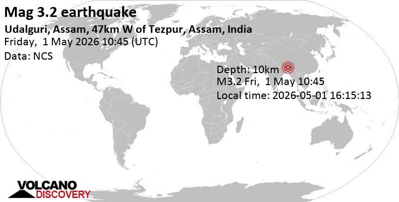 3.2 quake Udalguri, 16 km west of Dhekiajuli, Sonitpur, Assam, India, May 1, 2026 04:15 pm (Kolkata time)