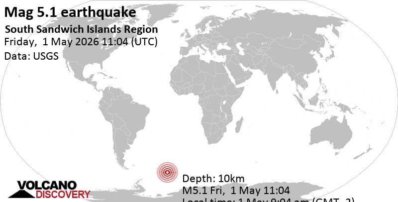 5.1 quake South Atlantic Ocean, 93 km northeast of Montagu Island, South Georgia and the South Sandwich Islands, May 1, 2026 09:04 am (GMT -2)