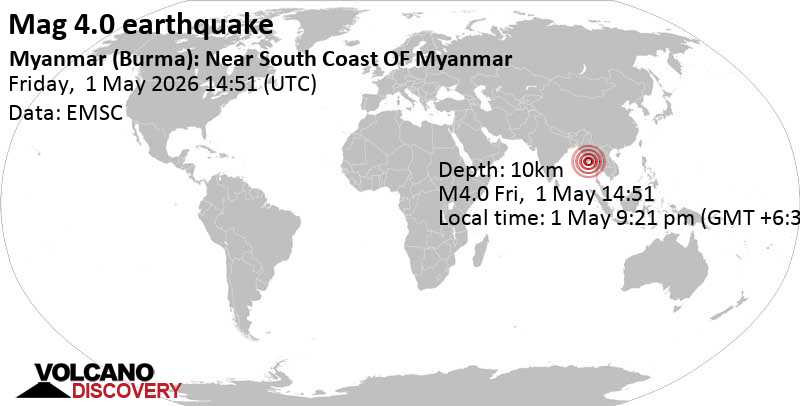 4.0 quake 122 km east of Pathein, Ayeyarwady Region, Myanmar, May 1, 2026 09:21 pm (Yangon time)