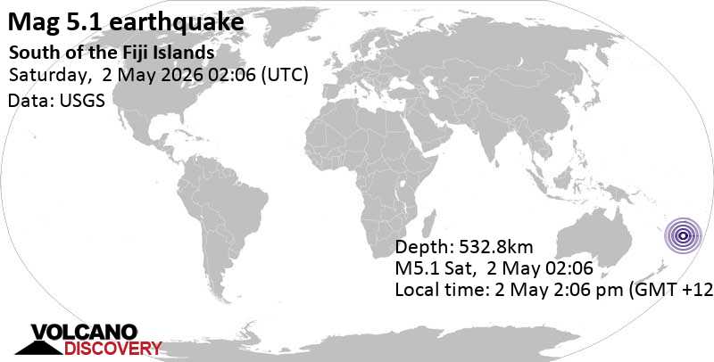 5.1 quake South of the Fiji Islands May 2, 2026 02:06 pm (GMT +12)