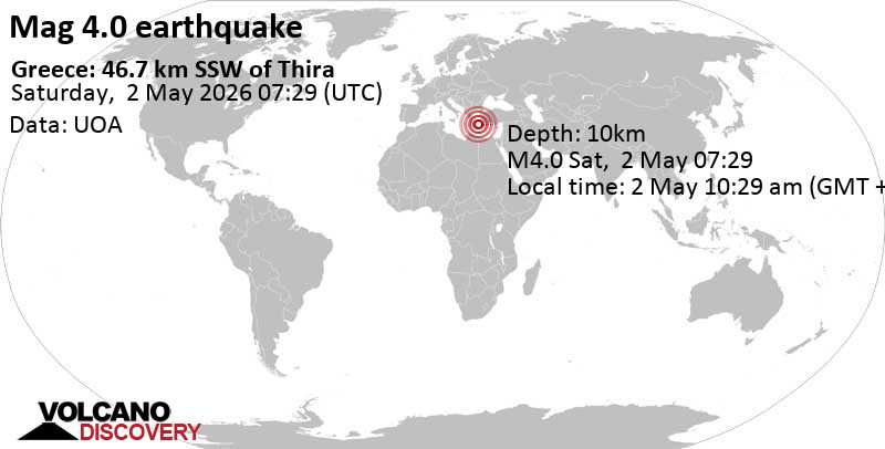 4.0 quake 115 km northwest of Sitia, Lasithi, Crete, Greece, May 2, 2026 09:29 am (GMT +2)