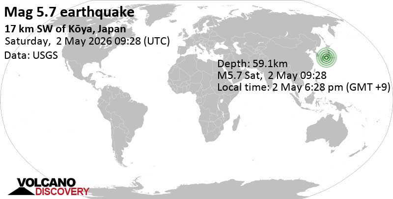5.7 quake 33 km southeast of Wakayama, Wakayama, Japan, May 2, 2026 06:28 pm (GMT +9)