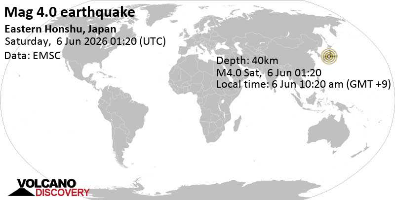 4.0 earthquake East Honshu, Japan, June 6, 2026 10:20 am (GMT +9)