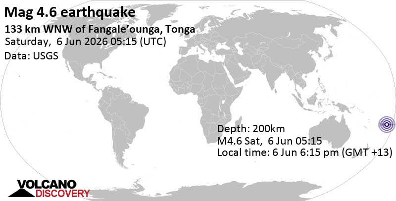 4.6 earthquake 133 km west west of Fungale'unga, Tonga, June 6, 2026 06:15 PM (GMT +13)