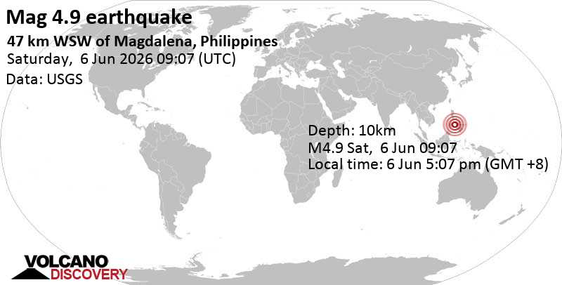 4.9 earthquake 47 km WSW of Magdalena, Philippines, June 6, 2026 05:07 PM (GMT +8)