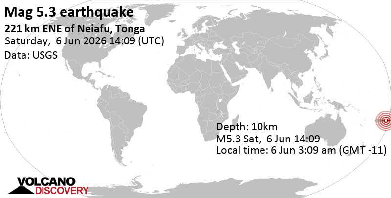 5.3 earthquake 221 km east east of Neiafu, Tonga, June 6, 2026 03:09 AM (GMT -11)