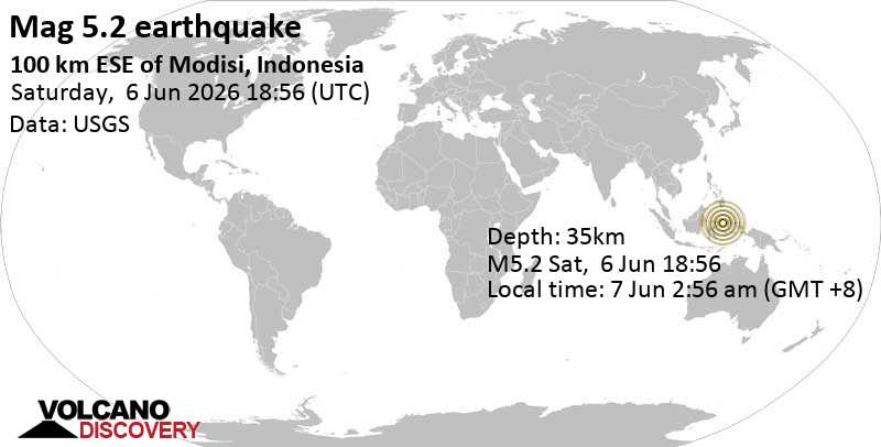 5.2 earthquake 100 km ESE of Modisi, Indonesia, June 7, 2026 02:56 AM (GMT +8)