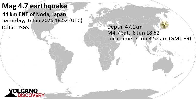 4.7 earthquake 44 km east of Noda, Japan, June 7, 2026 03:52 AM (GMT +9)